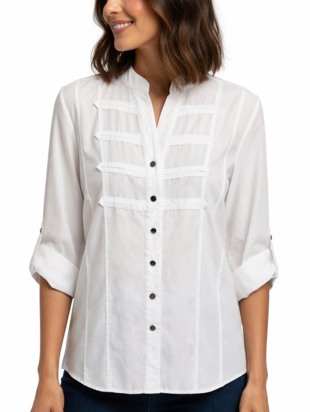 Classic White Three-quarter Pintuck Detailed Button-Front Shirt Size L